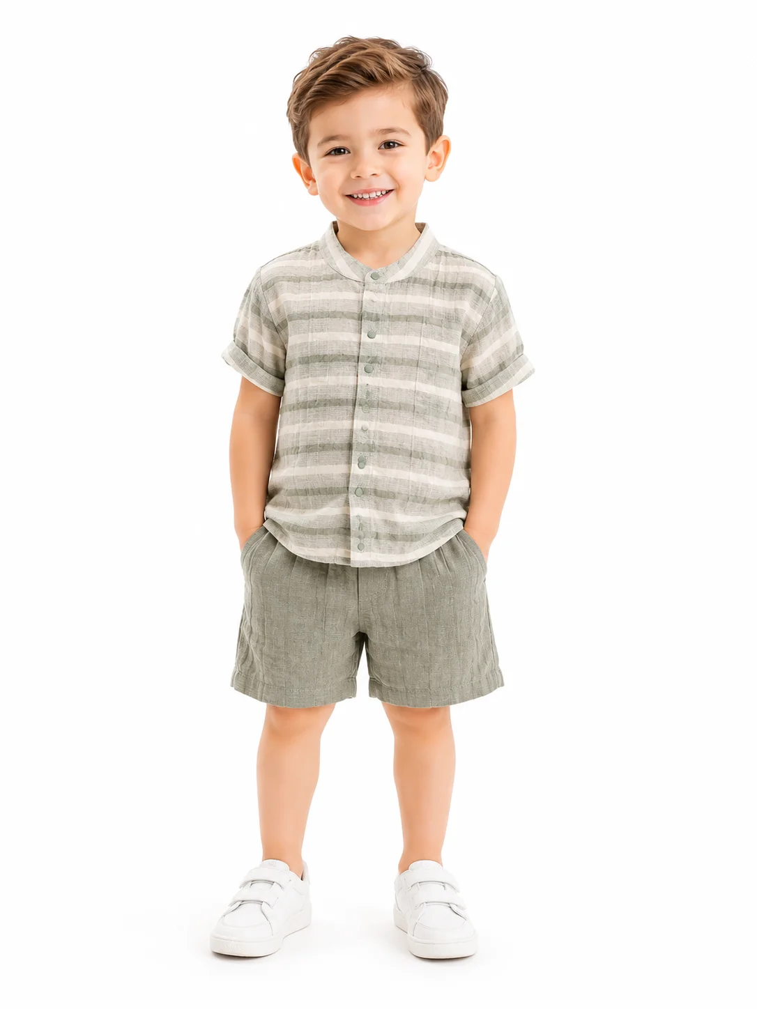 Beyaz Bebek Boys' Short Sleeve Striped Button-Up Shirt & Textured Shorts Set – Sage Green