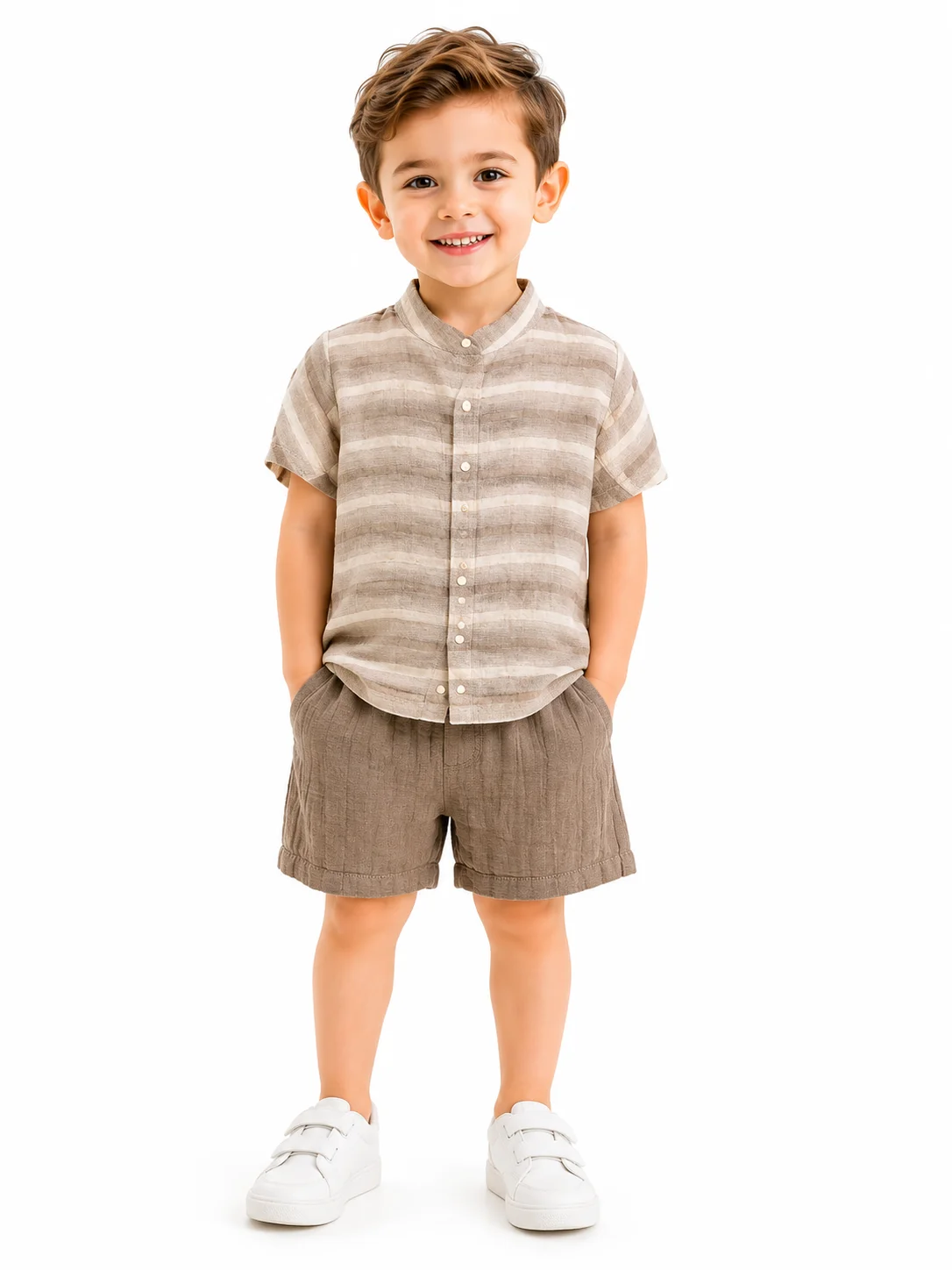 Beyaz Bebek Boys' Short Sleeve Striped Button-Up Shirt & Textured Shorts Set – Beige