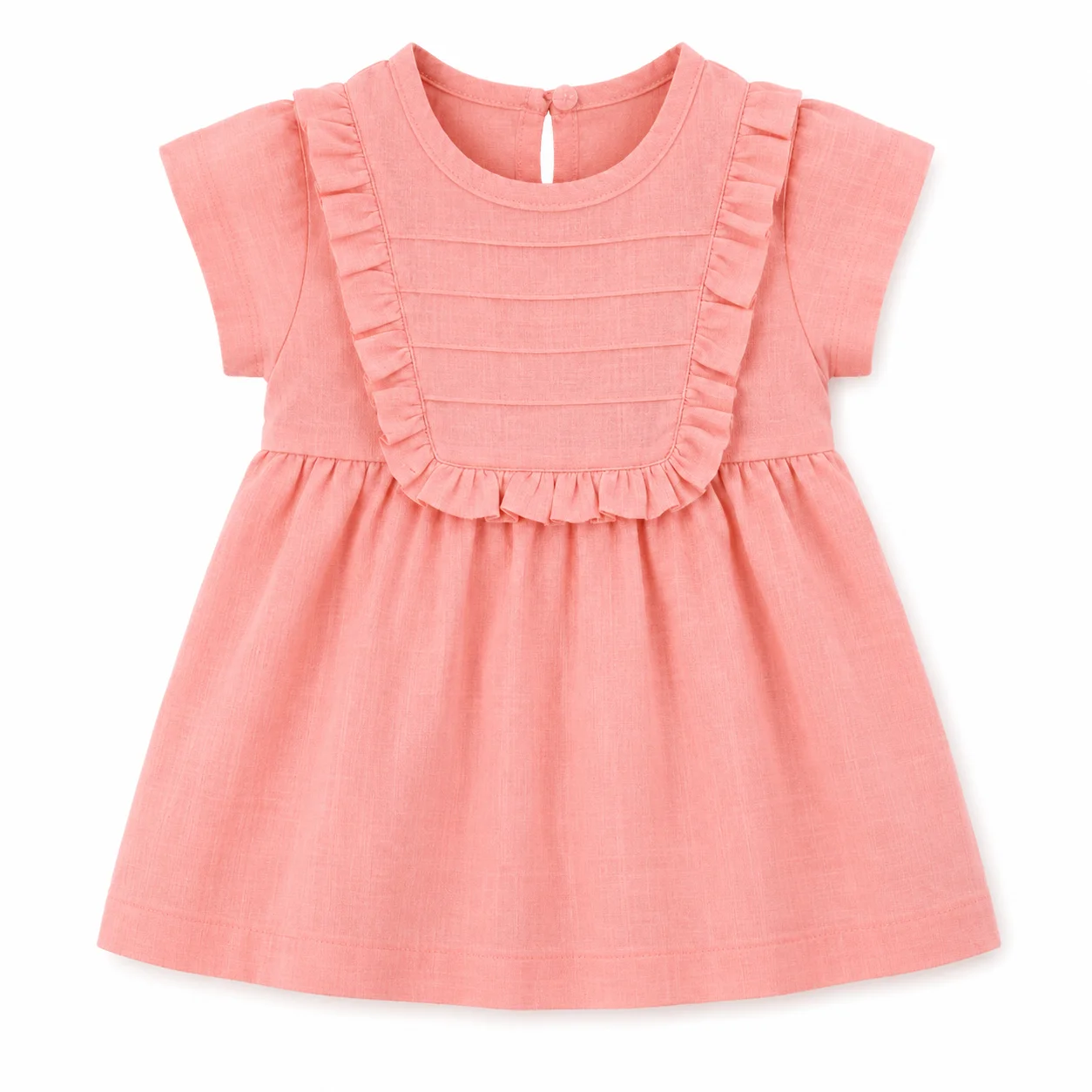 Beyaz Bebek Baby Girls Dress with Ruffle Front Detail & Short Sleeves – Coral Pink color option