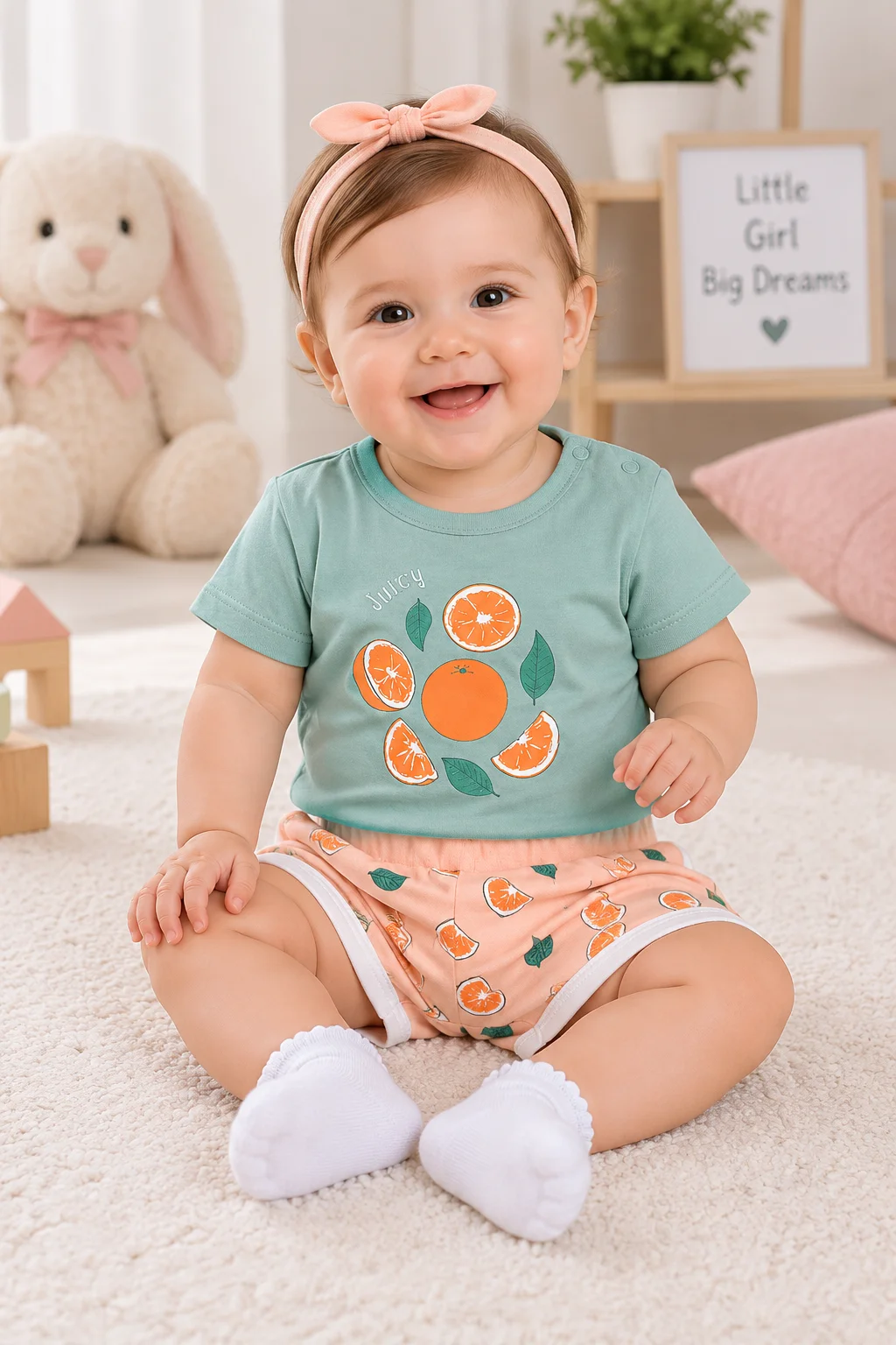 Kidex's Girls’ 2-Piece Orange Print T-Shirt & Shorts Set – Green & Peach color option
