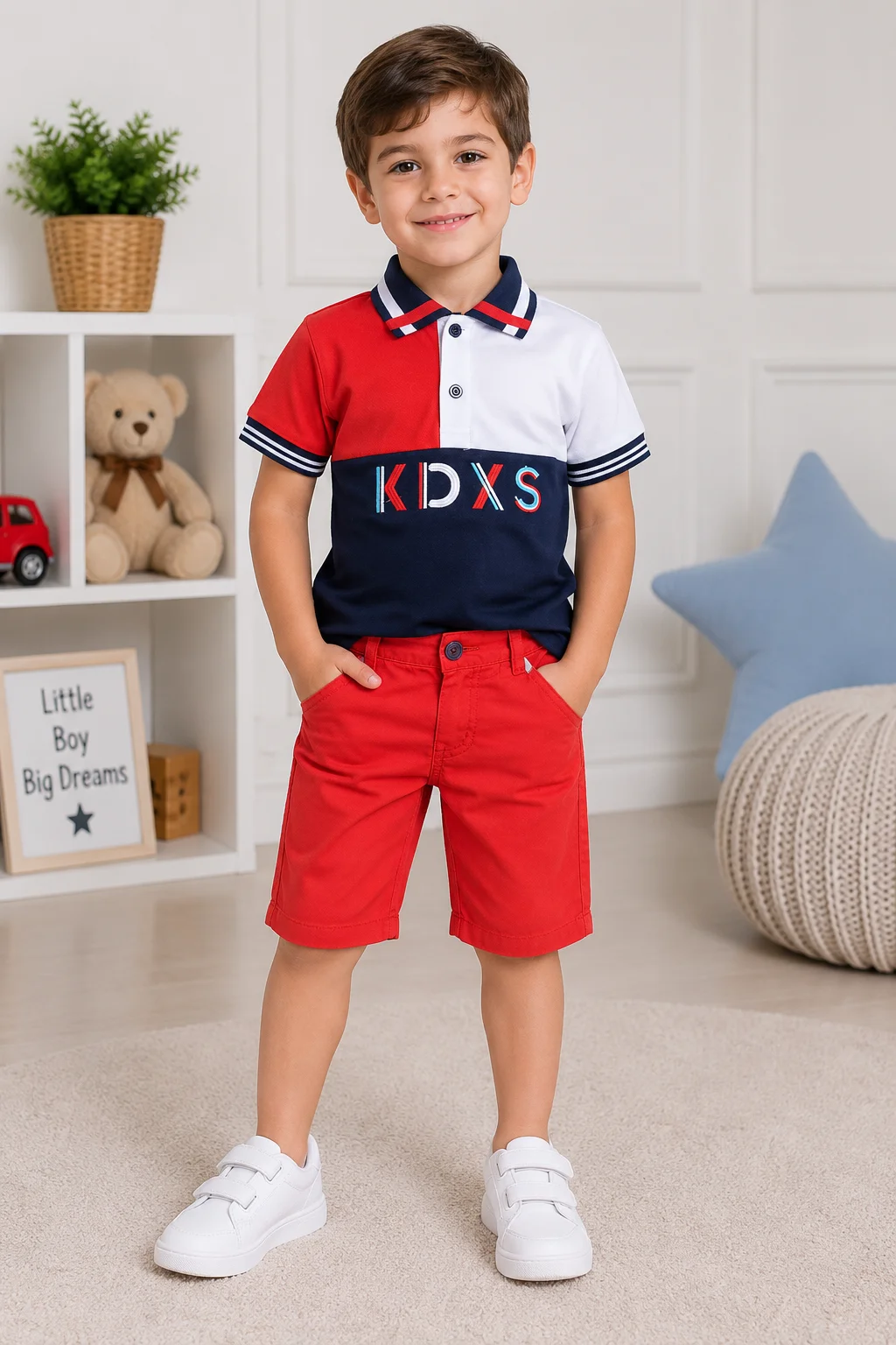 Kidex's Boys’ Color Block Polo Shirt & Shorts Set – Red, White & Navy