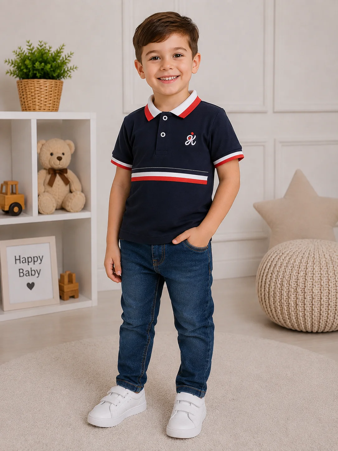 Kidex’s Boys’ Polo Shirt & Denim Pants Set – Navy Blue & Red