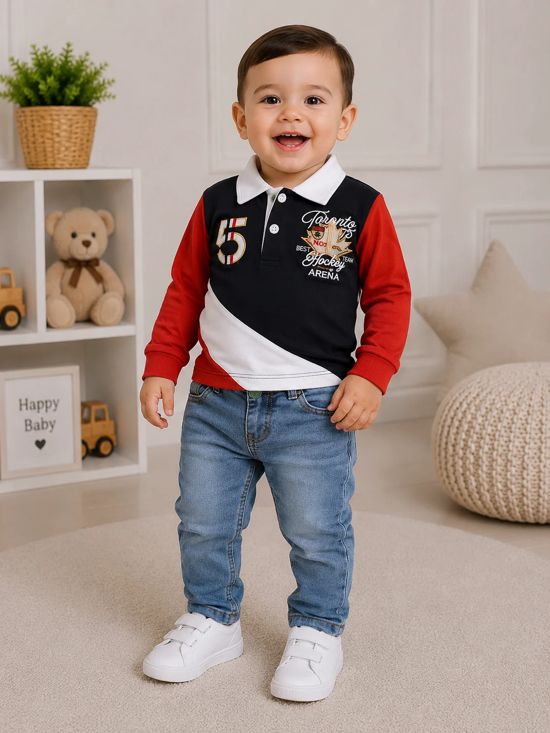 Kidex's Boys’ 2-Piece Set – Long-Sleeve Polo Shirt & Denim Jeans – Red, Black & Blue color option