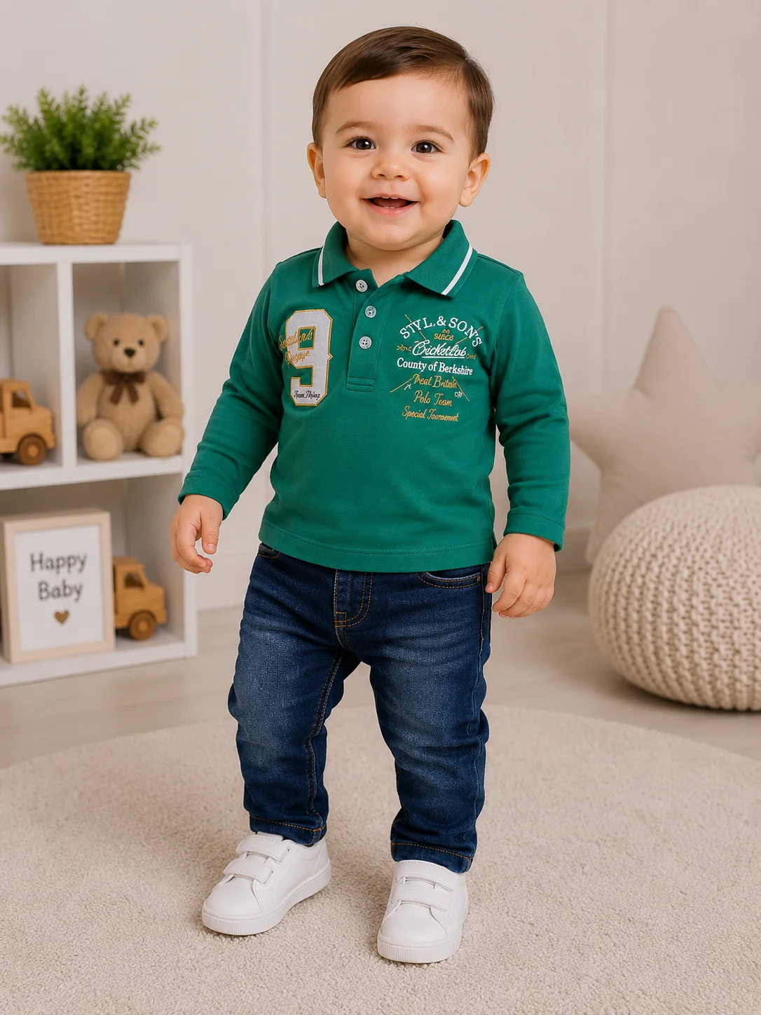 Kidex's Boys’ 2-Piece Set – Long-Sleeve Polo Shirt & Denim Jeans – Green & Dark Blue color option
