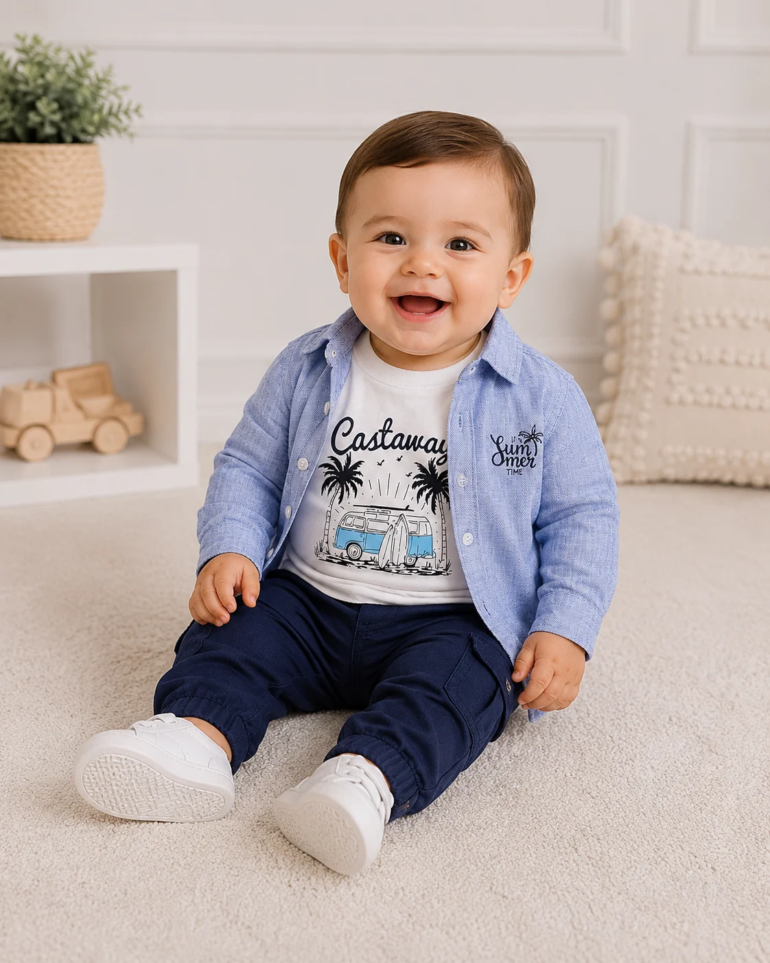 Kidex's Boys’ 3-Piece Set – Printed Short-Sleeve T-Shirt, Long-Sleeve Shirt & Pants – White, Light Blue & Navy Blue color option