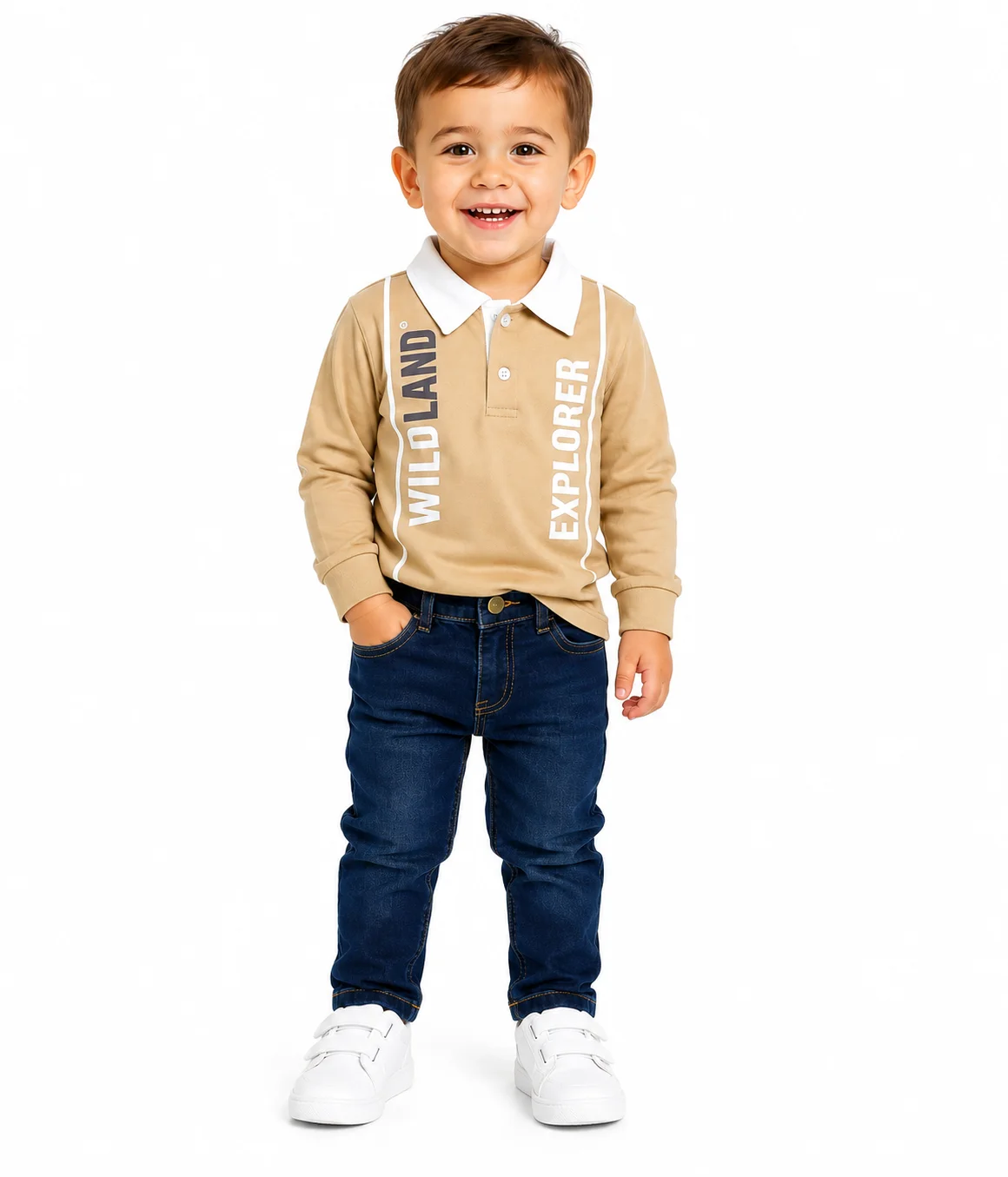 Kidex's Kids’ Polo Shirt & Denim Jeans Set  Long Sleeves  Cotton & Denim - Beige & Dark Blue color option