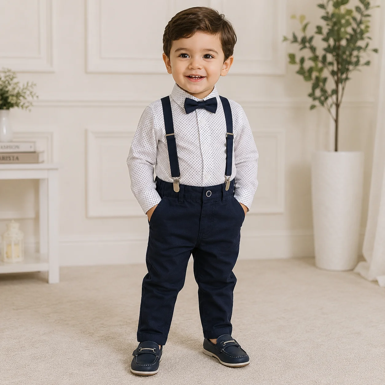 Kidex's Boys’ 3-Piece Set – Long-Sleeve Shirt, Suspenders, Bow Tie & Pants – White & Navy Blue