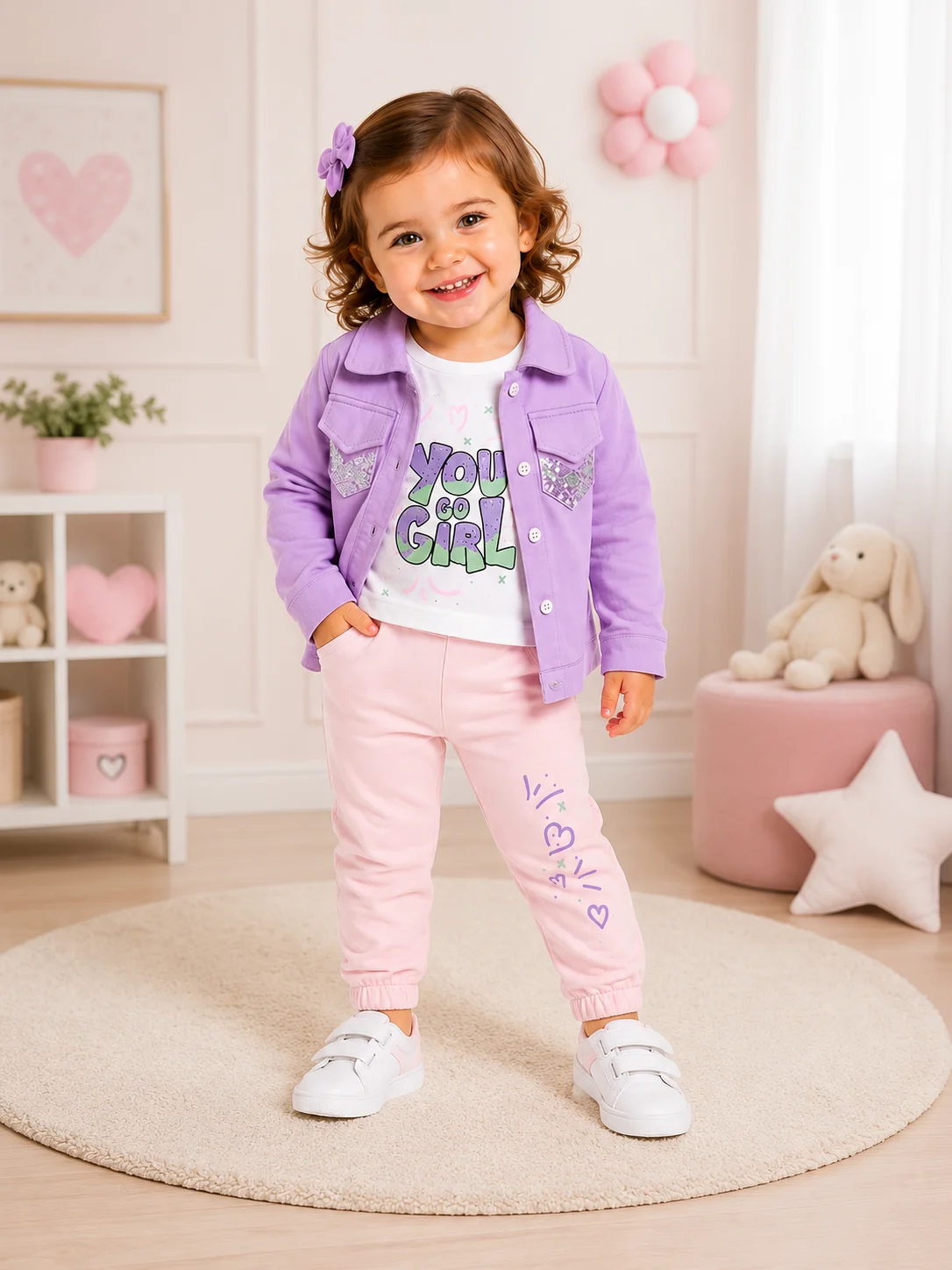 Kidex's Girls’ 3-Piece Set – Long-Sleeve T-Shirt, Jacket & Jogger Pants – White, Purple & Light Pink color option