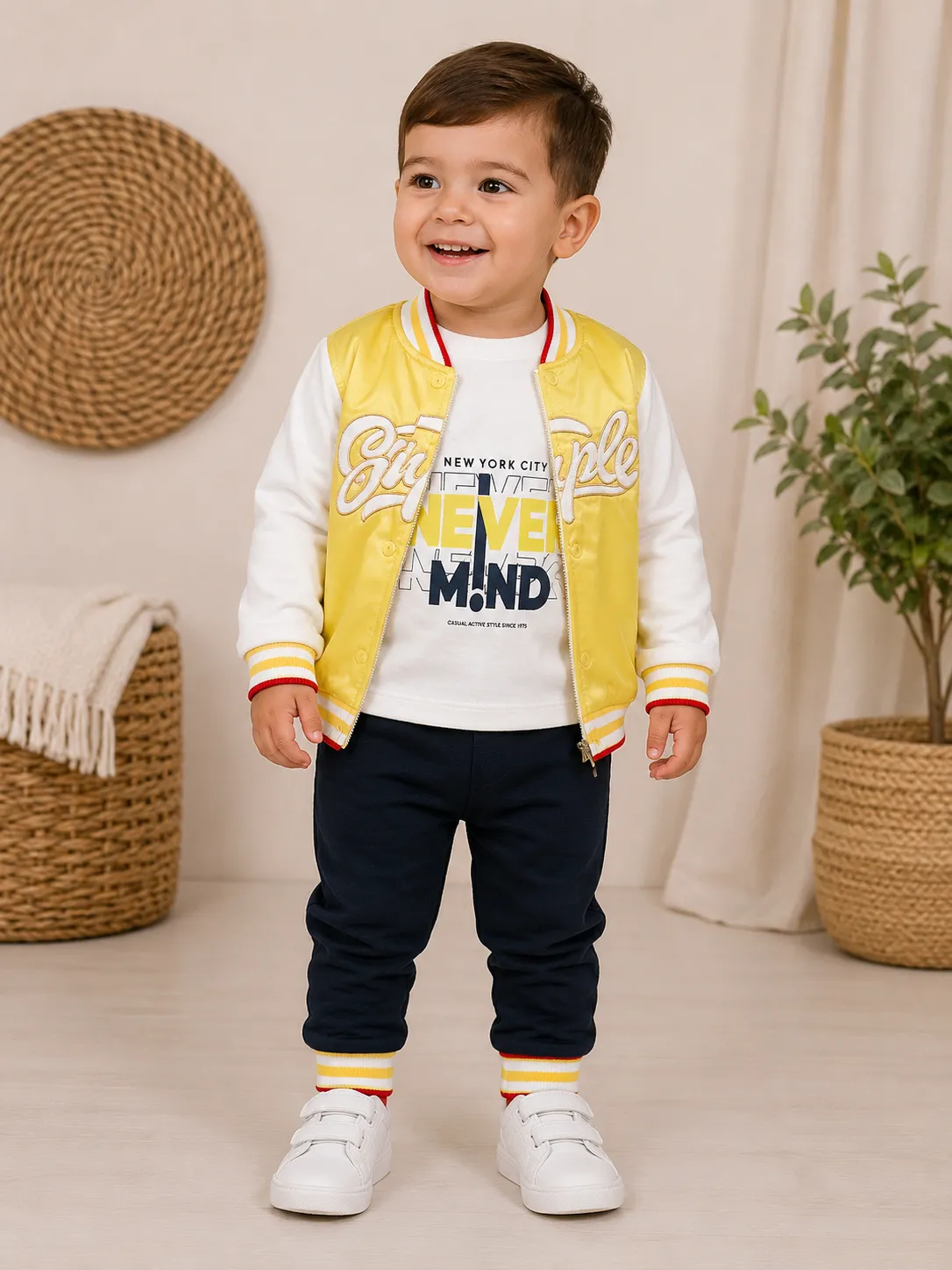 Kidex’s Boys’ 3-Piece Varsity Jacket Set – Jacket, T-Shirt & Pants – yellow color option