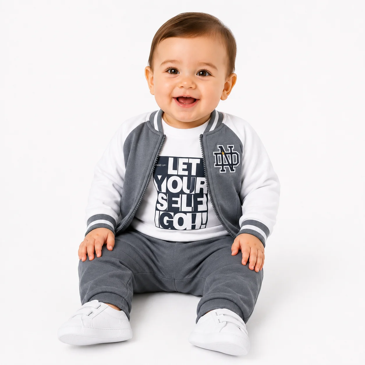 Kids’ 3-Piece Outfit Set – Zip-Up Jacket, Printed Long-Sleeve T-Shirt & Jogger Pants – Grey & White