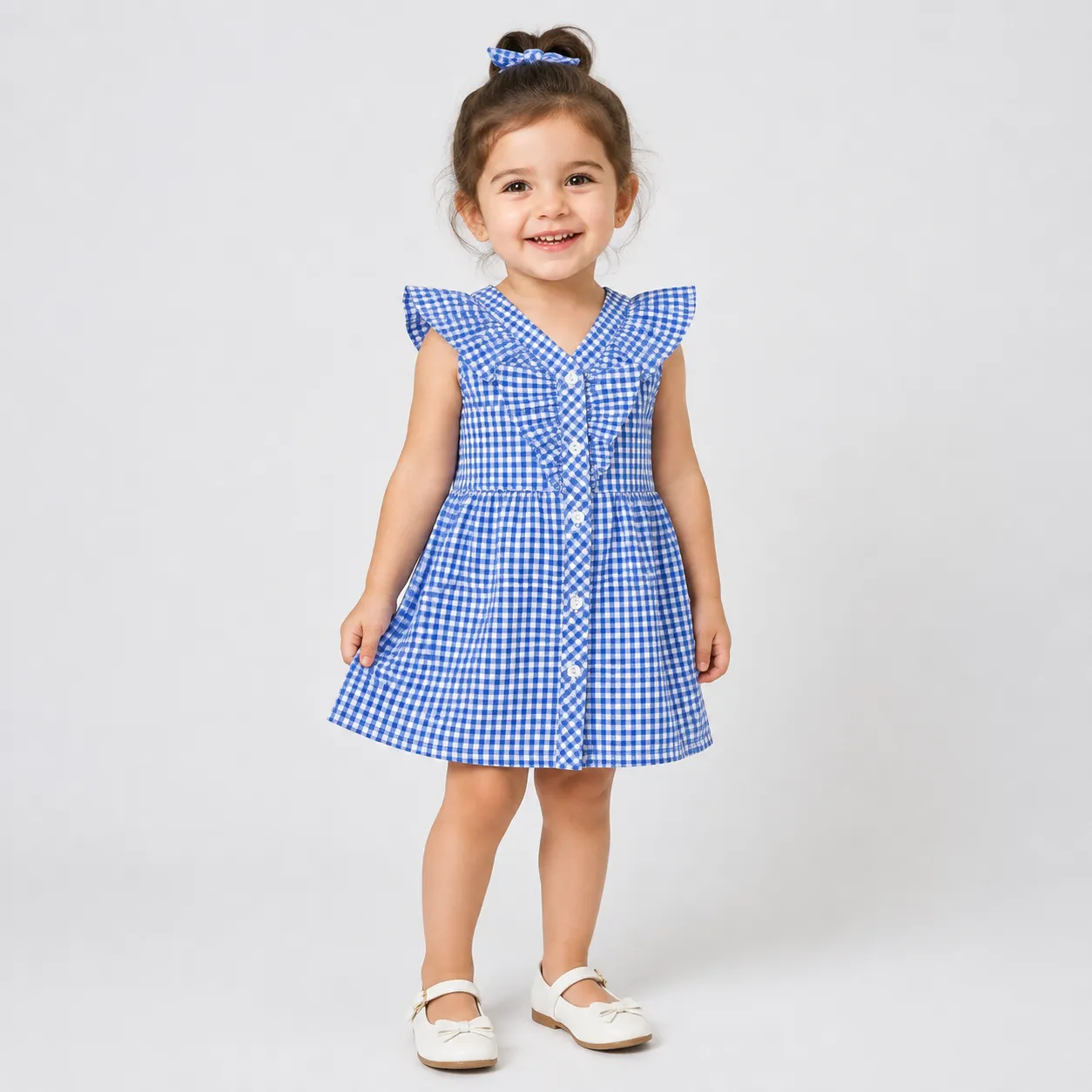 Kidex’s Girls’ Gingham Summer Dress with Ruffle Details & Button Front – blue