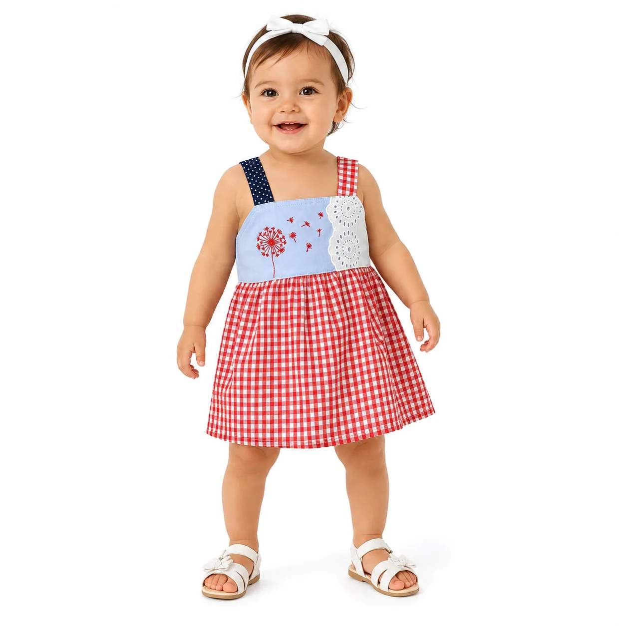 Kidex's Baby Girls’ Sleeveless Gingham Dress with Floral Embroidery – Red & White