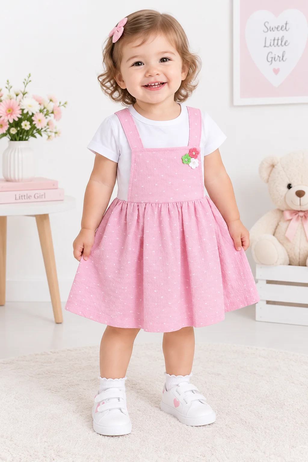 Kidex’s Girls’ Pink Pinafore Dress with White Short-Sleeve Top & Floral Detail color option