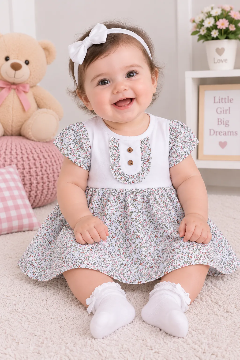 Kidex’s Girls Floral Short-Sleeve Dress – White & green color option