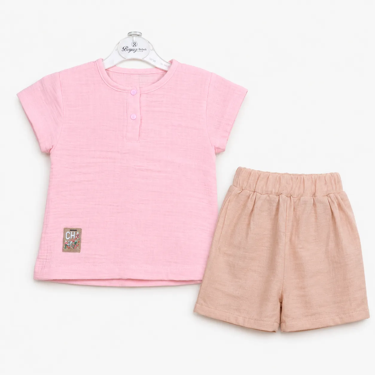 Beyaz Bebek Kids T-Shirt & Shorts Set – Short Sleeve – Cotton Blend – pink Top & Beige Shorts