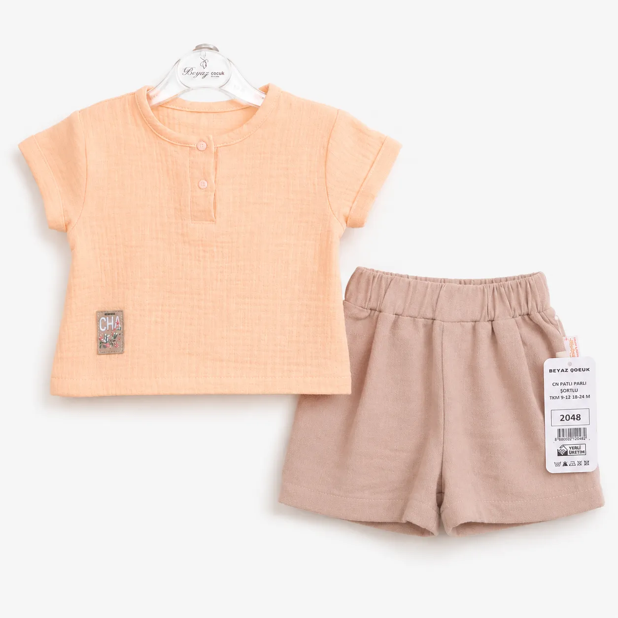 Beyaz Bebek Kids T-Shirt & Shorts Set – Short Sleeve – Cotton Blend – Apricot Top & Beige Shorts