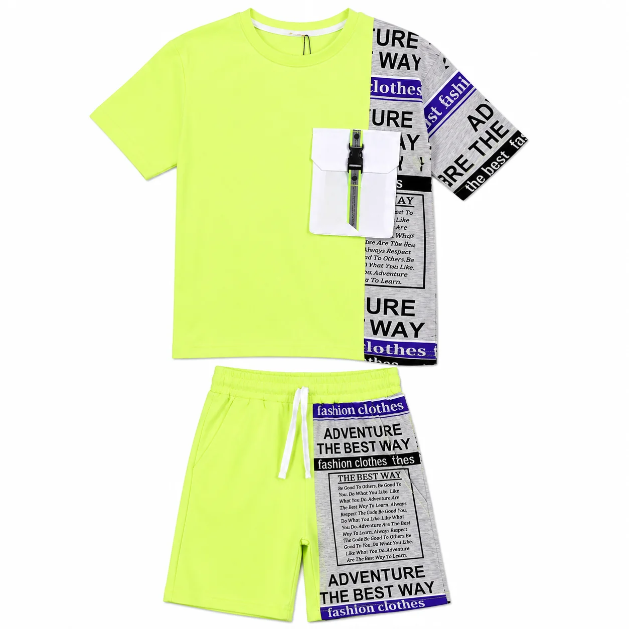 Tuffy Kids Boys T-Shirt & Shorts Set – Adventure Print – Pocket – Neon Green / Grey