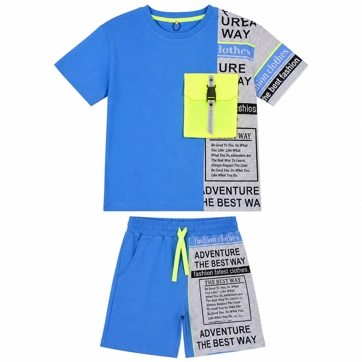 Tuffy Kids Boys T-Shirt & Shorts Set – Adventure Print – Neon Pocket – Blue color option