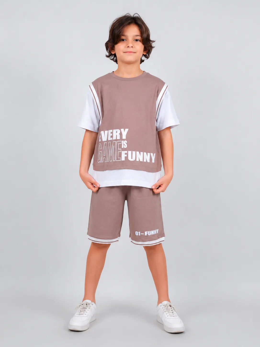 Tuffy Kids Boys Sport T-Shirt & Shorts Set – Every Game Is Funny Print – 2 Pieces – browen
