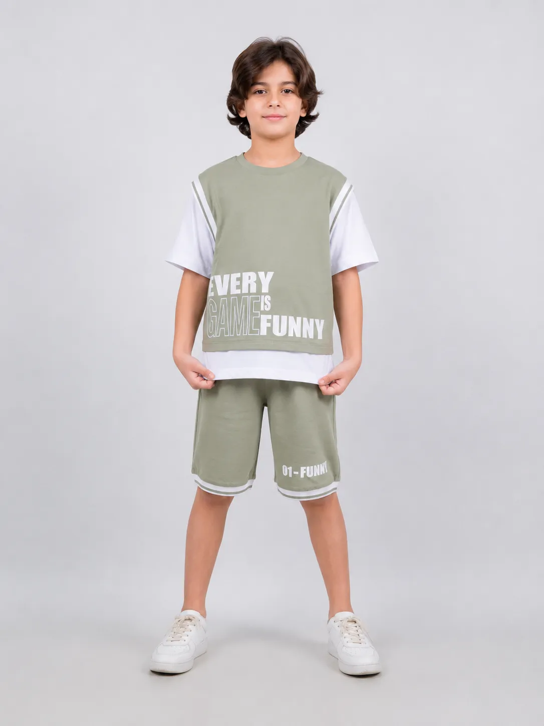 Tuffy Kids Boys Sport T-Shirt & Shorts Set – Every Game Is Funny Print – 2 Pieces – green