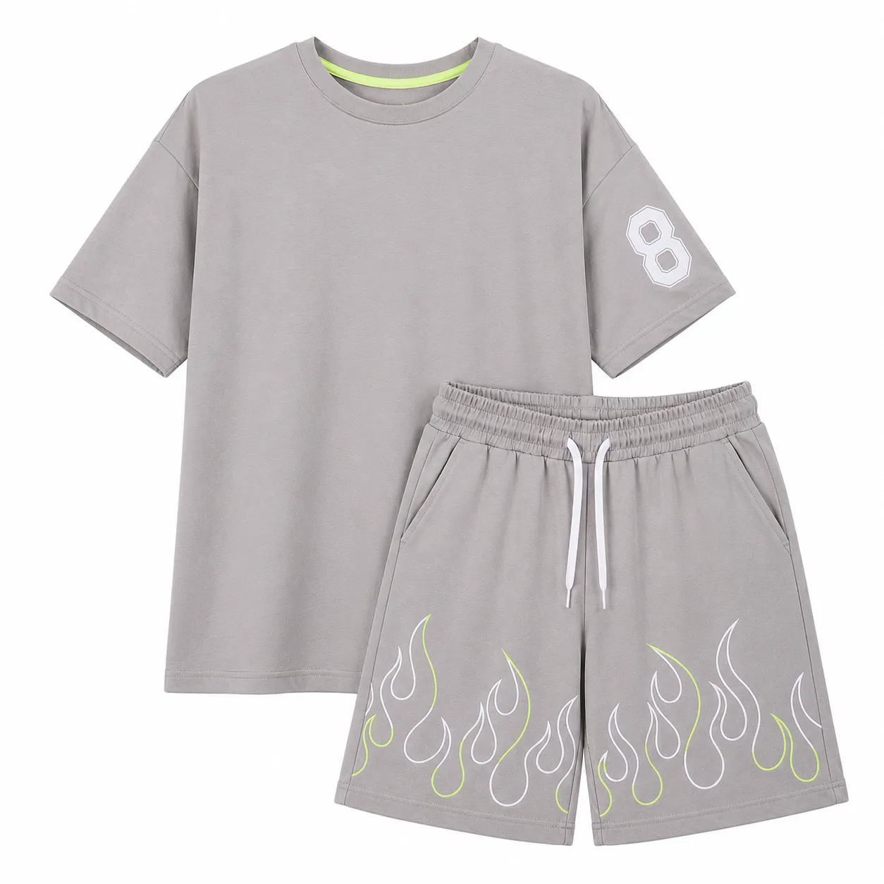 Tuffy Kids Boys T-Shirt & Shorts Set – Flame Print Design – 2 Pieces –gray color option