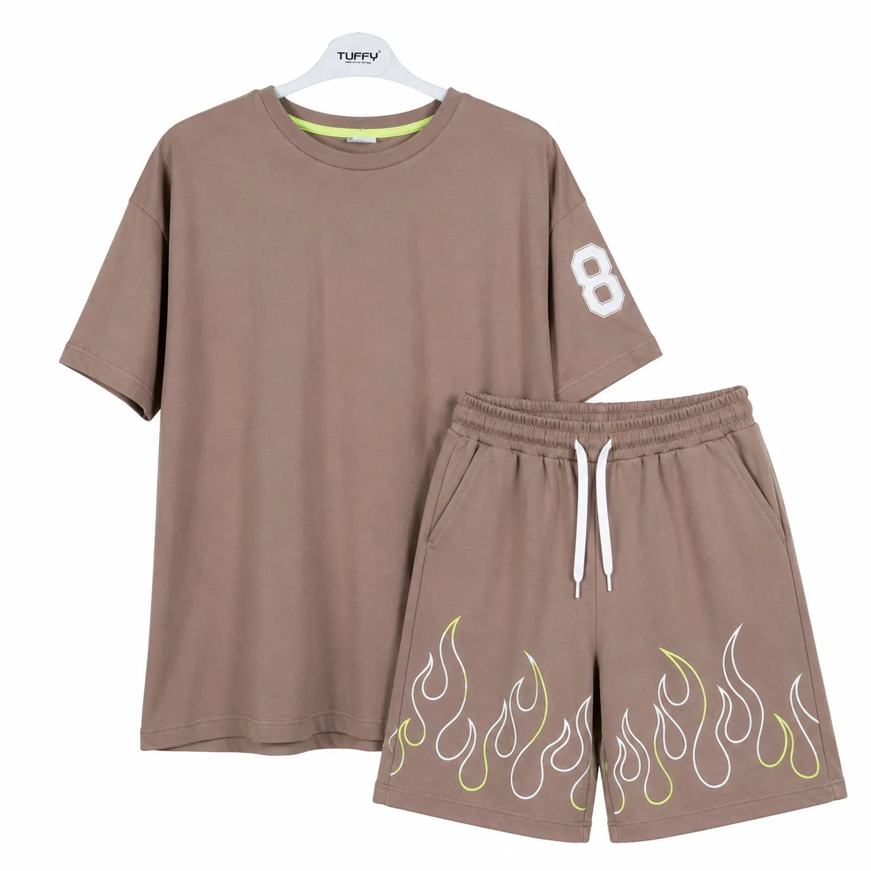 Tuffy Kids Boys T-Shirt & Shorts Set – Flame Print Design – 2 Pieces – brown color option