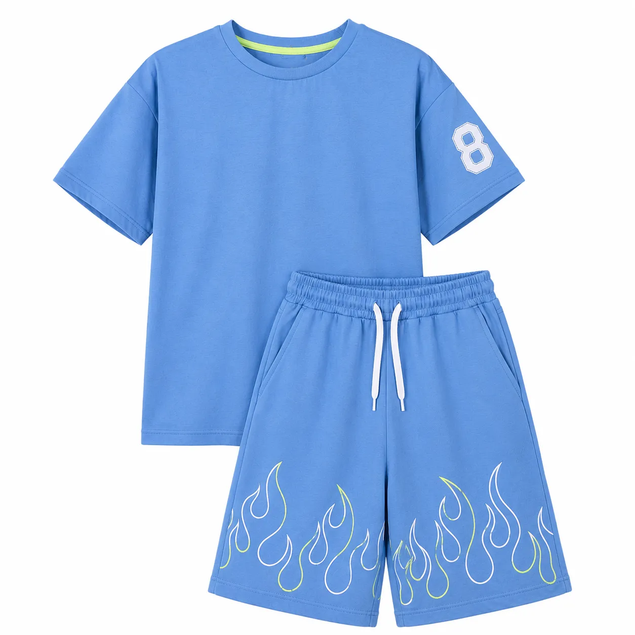 Tuffy Kids Boys T-Shirt & Shorts Set – Flame Print Design – 2 Pieces – Sky Blue color option