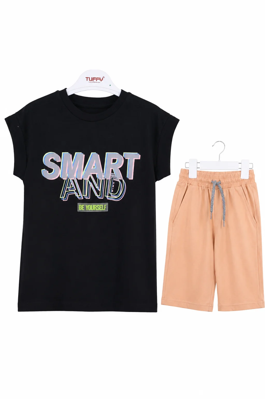 Tuffy Kids Boys Smart Print T-Shirt & Shorts Set – Short Sleeve – 2 Pieces – Black / Peach color option