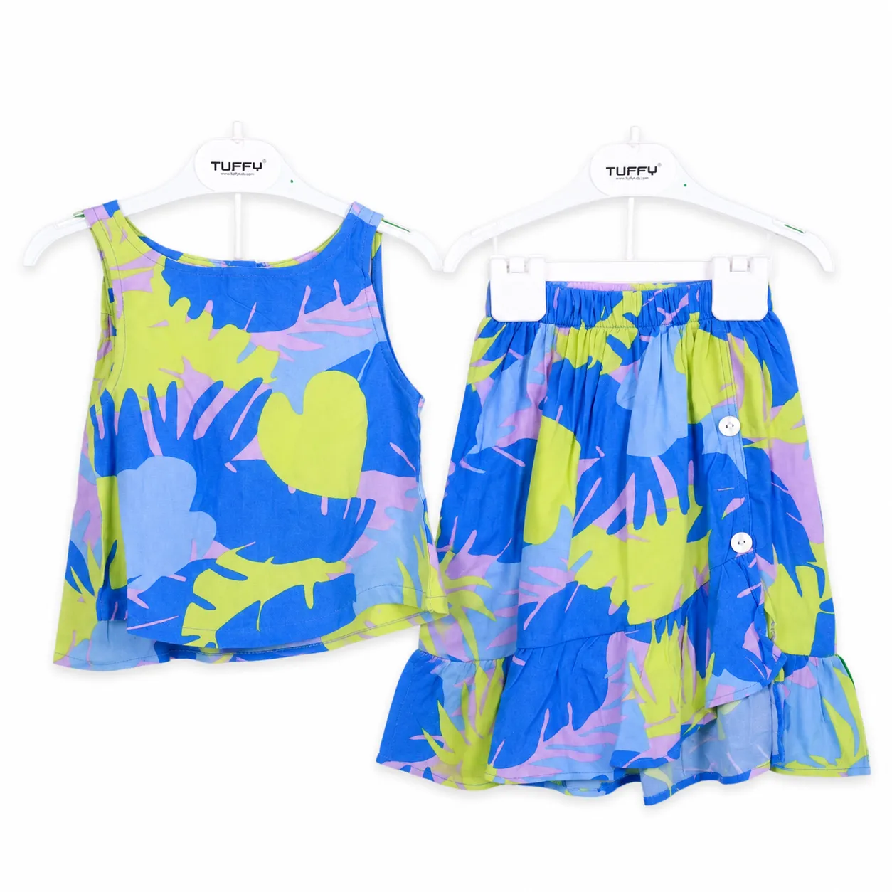 Tuffy Kids Girls Floral & Leaf Print Blouse & Skirt Set – 2 Pieces – Blue & Green Multi Color color option