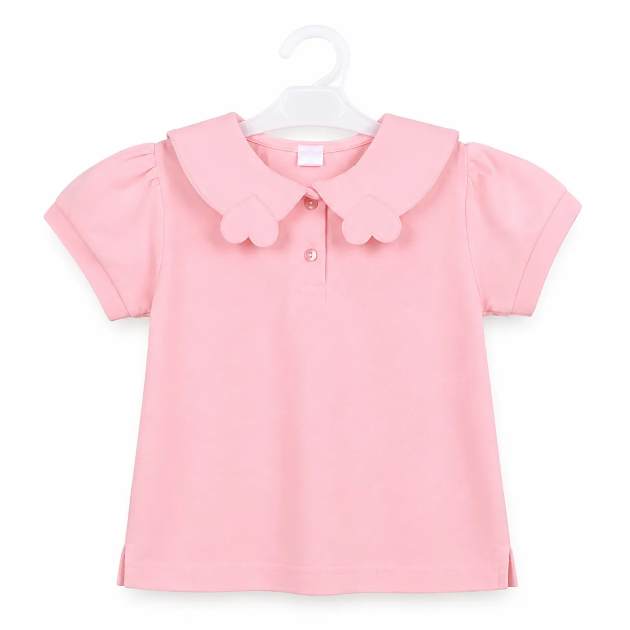 Tuffy Kids Girls Peter Pan Collar Short Sleeve Polo T-Shirt – Heart Embroidered Collar –pink color option