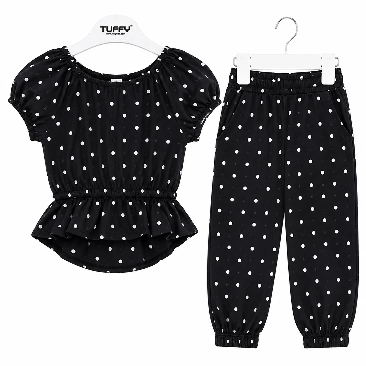 Tuffy Kids Girls Polka Dot Top & Pants Set – Short Sleeve – 2 Pieces – Black color option