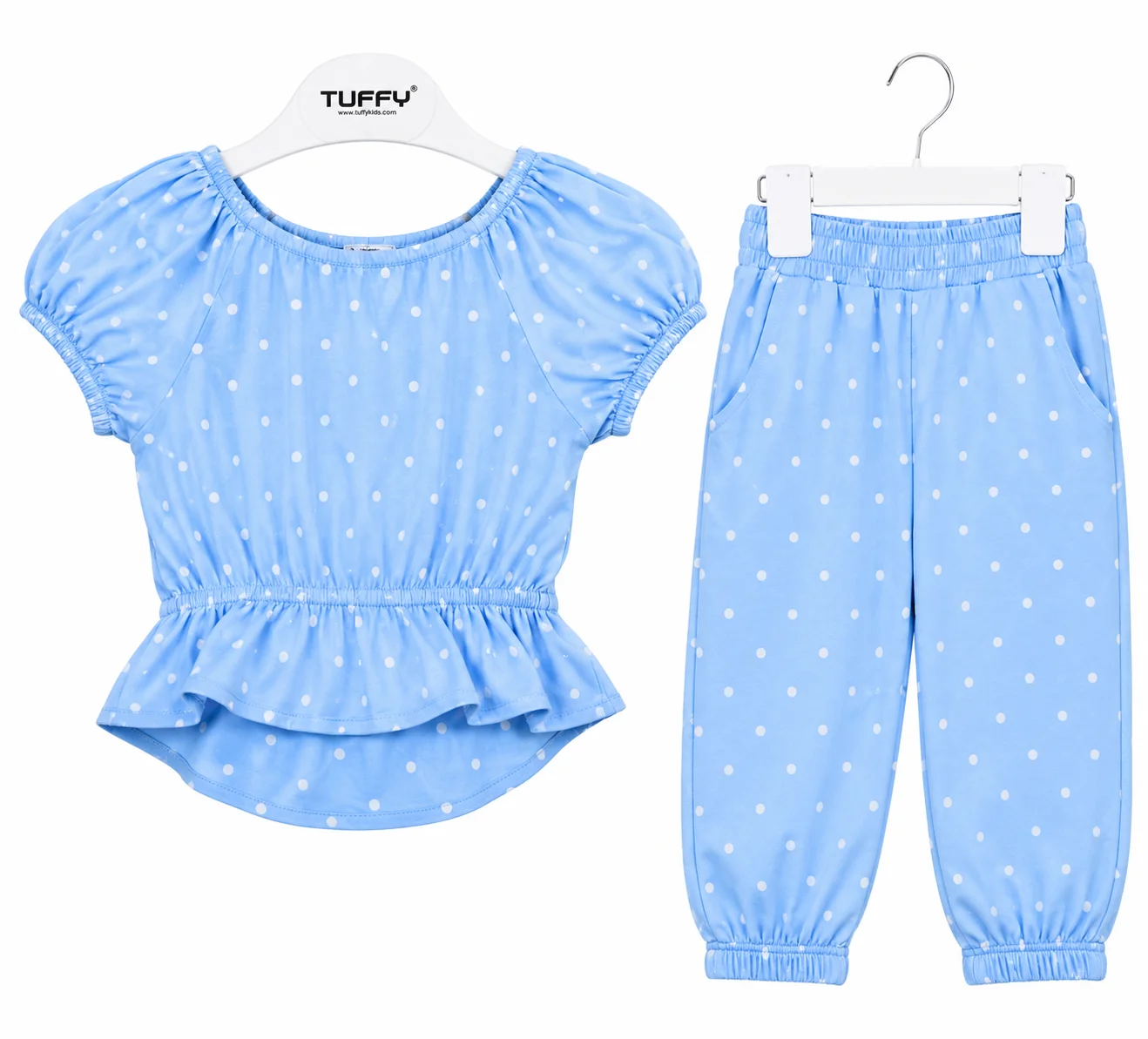 Tuffy Kids Girls Polka Dot Top & Pants Set – Short Sleeve – 2 Pieces – Sky Blue