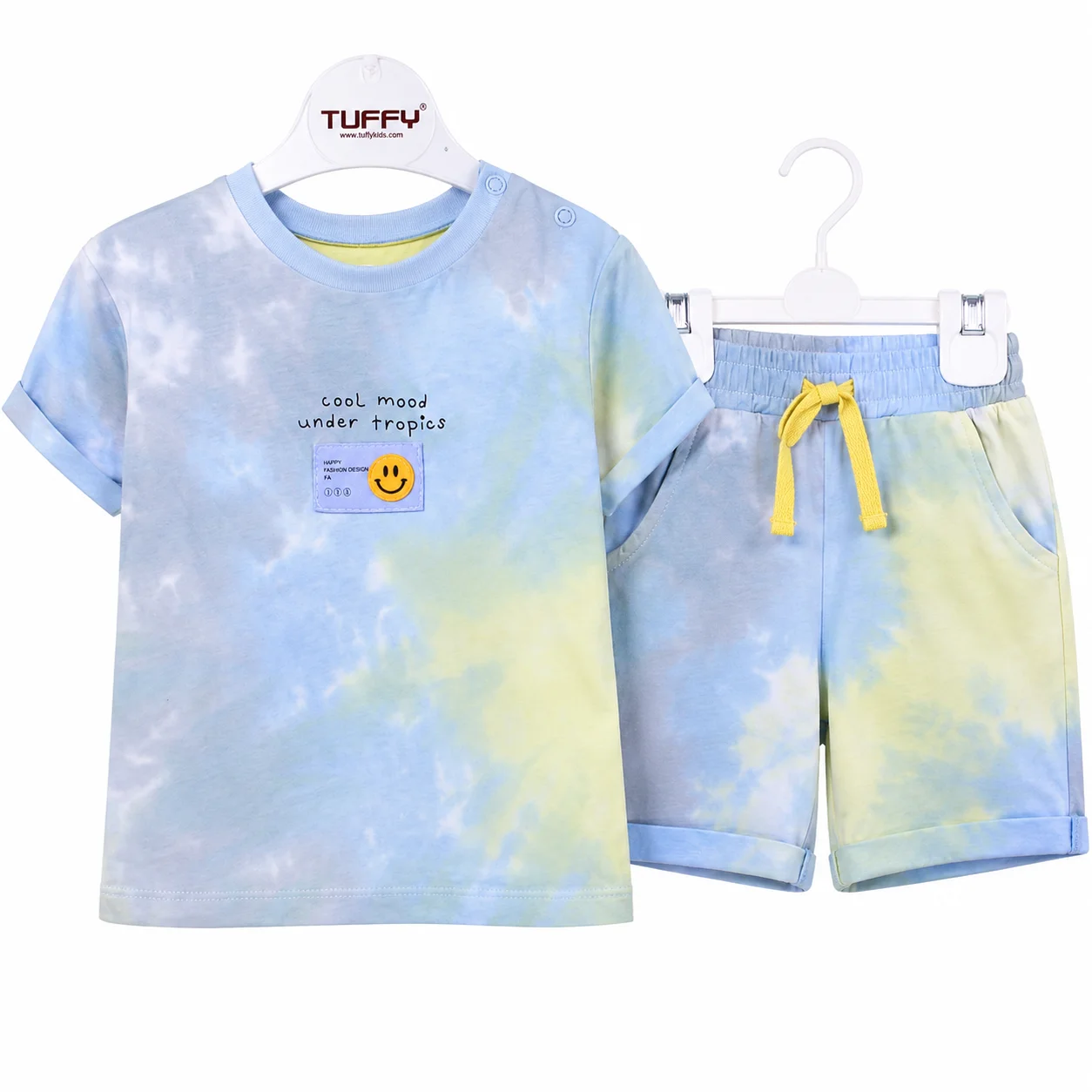 Tuffy Kids Boys T-Shirt & Shorts Set – Tie-Dye Pattern – Light Blue & yellow
