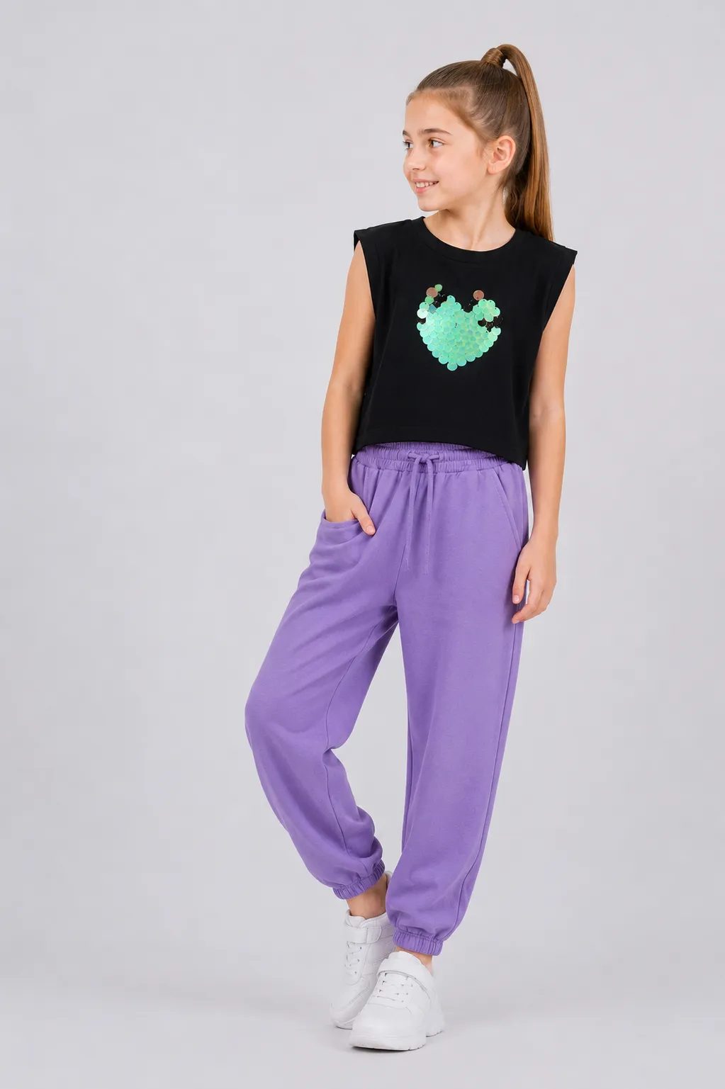 Tuffy Girls Sleeveless Top & Jogger Pants Set – Sequin Heart Design – Black & purple – 2 Pieces