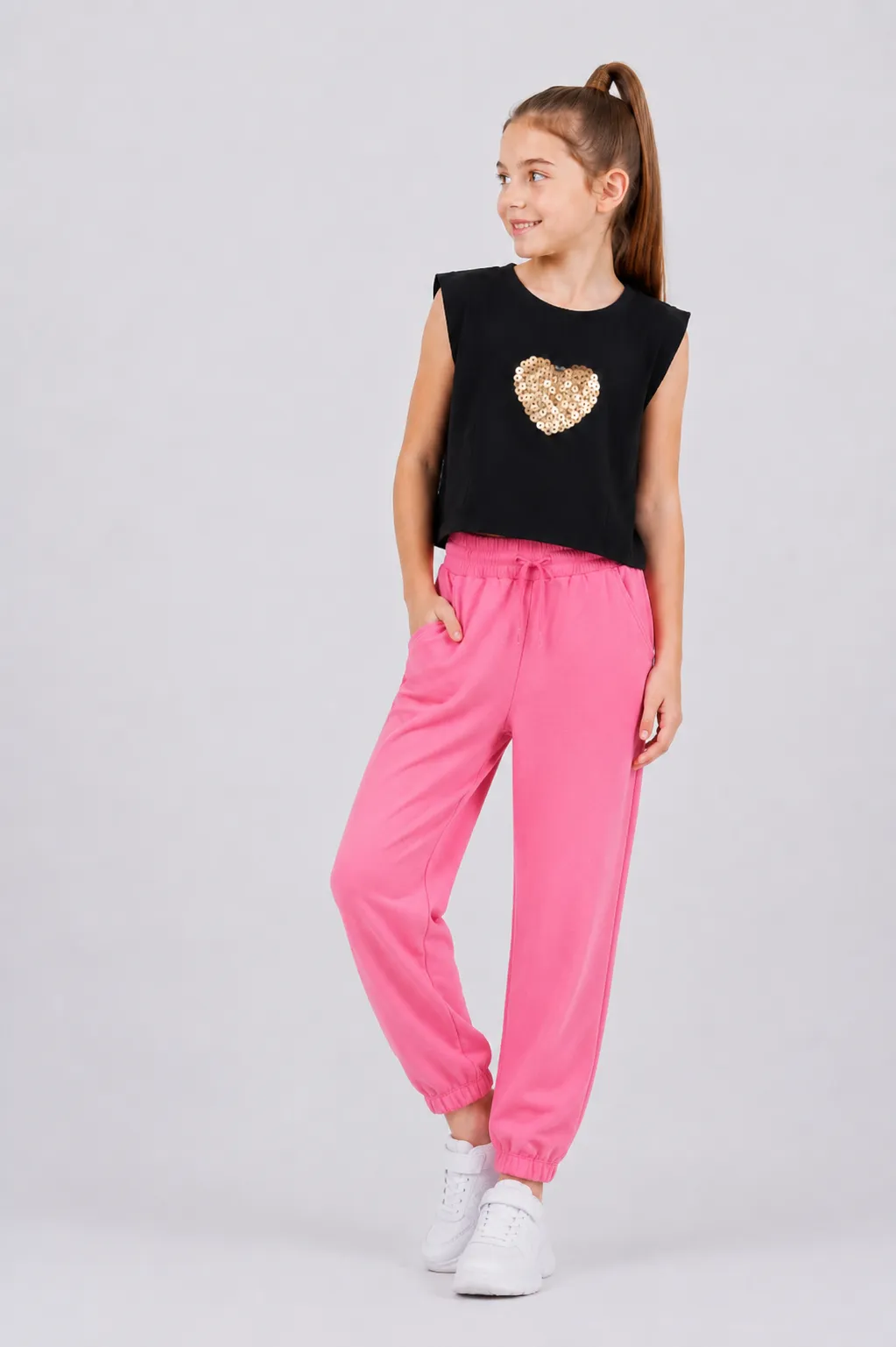 Tuffy Girls Sleeveless Top & Jogger Pants Set – Sequin Heart Design – Black & pink – 2 Pieces color option