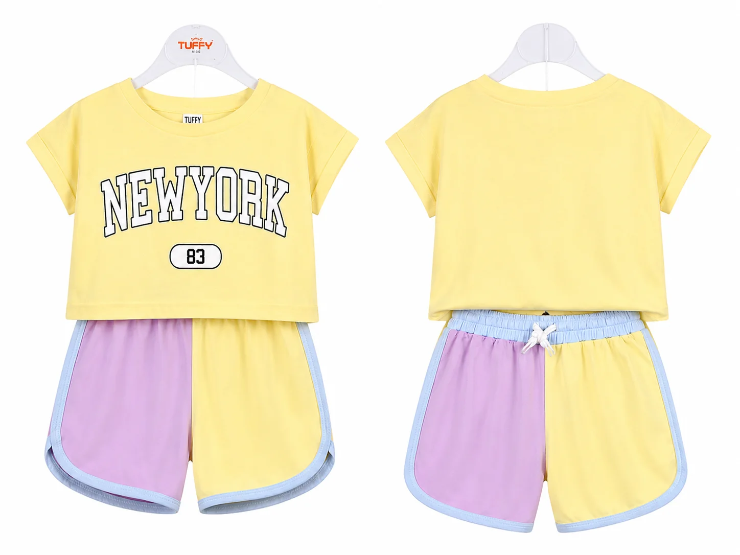 Tuffy Kids Girls T-Shirt & Shorts Set – New York 83 Print – Light Yellow & Lilac