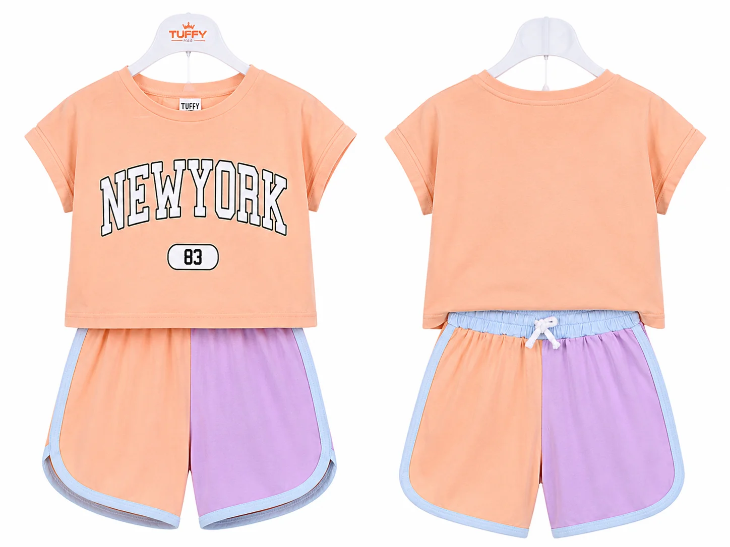Tuffy Kids Girls T-Shirt & Shorts Set – New York 83 Print – Peach & Lilac