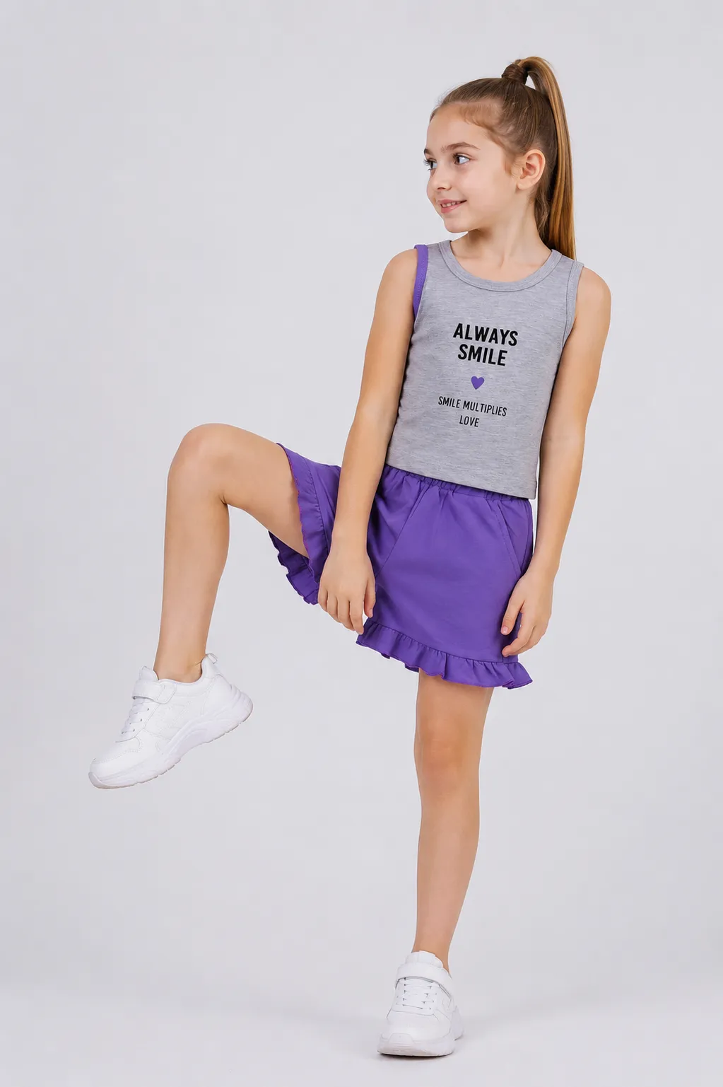 Tuffy Kids Girls Sleeveless Top & Shorts Set – Grey & purple – 2 Pieces color option