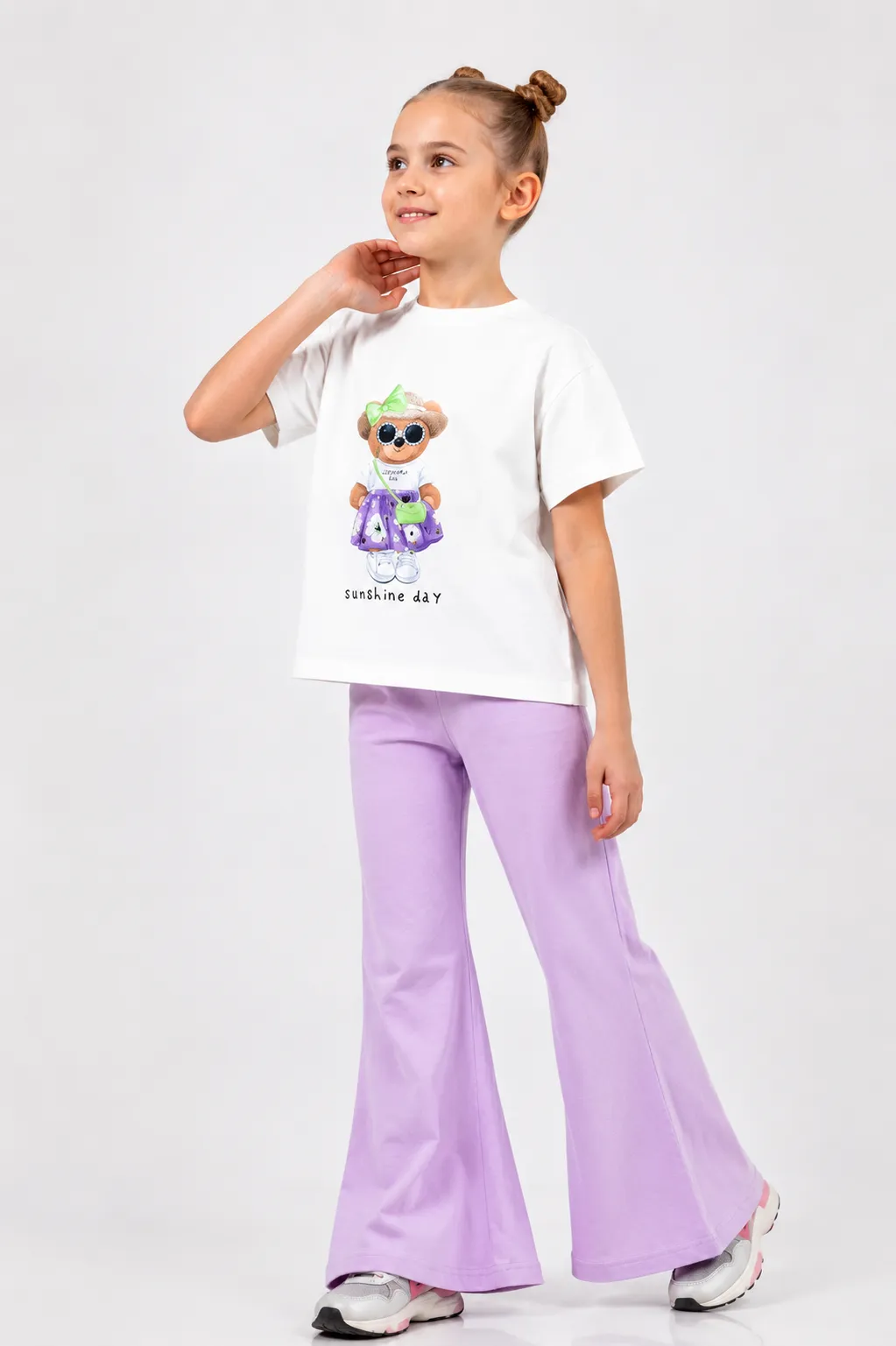 Tuffy Kids Girls Bear Print T-Shirt & Flared Pants Set – Short Sleeve – 2 Pieces – White & purple