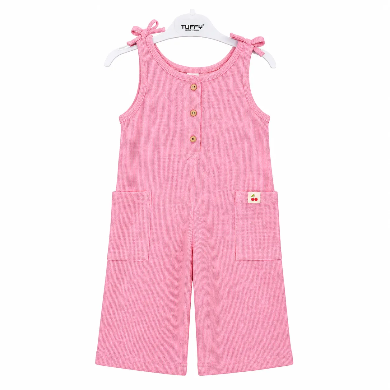 Tuffy Kids Sleeveless Jumpsuit – Textured Wide-Leg Romper – Pink color option