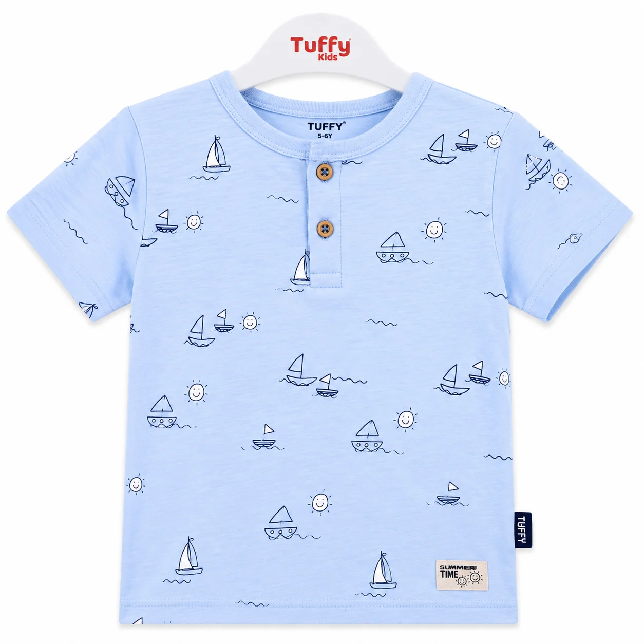 Tuffy Kids - Boys Short Sleeve T-Shirt - Sailboat & Sun Print - Sky Blue color option