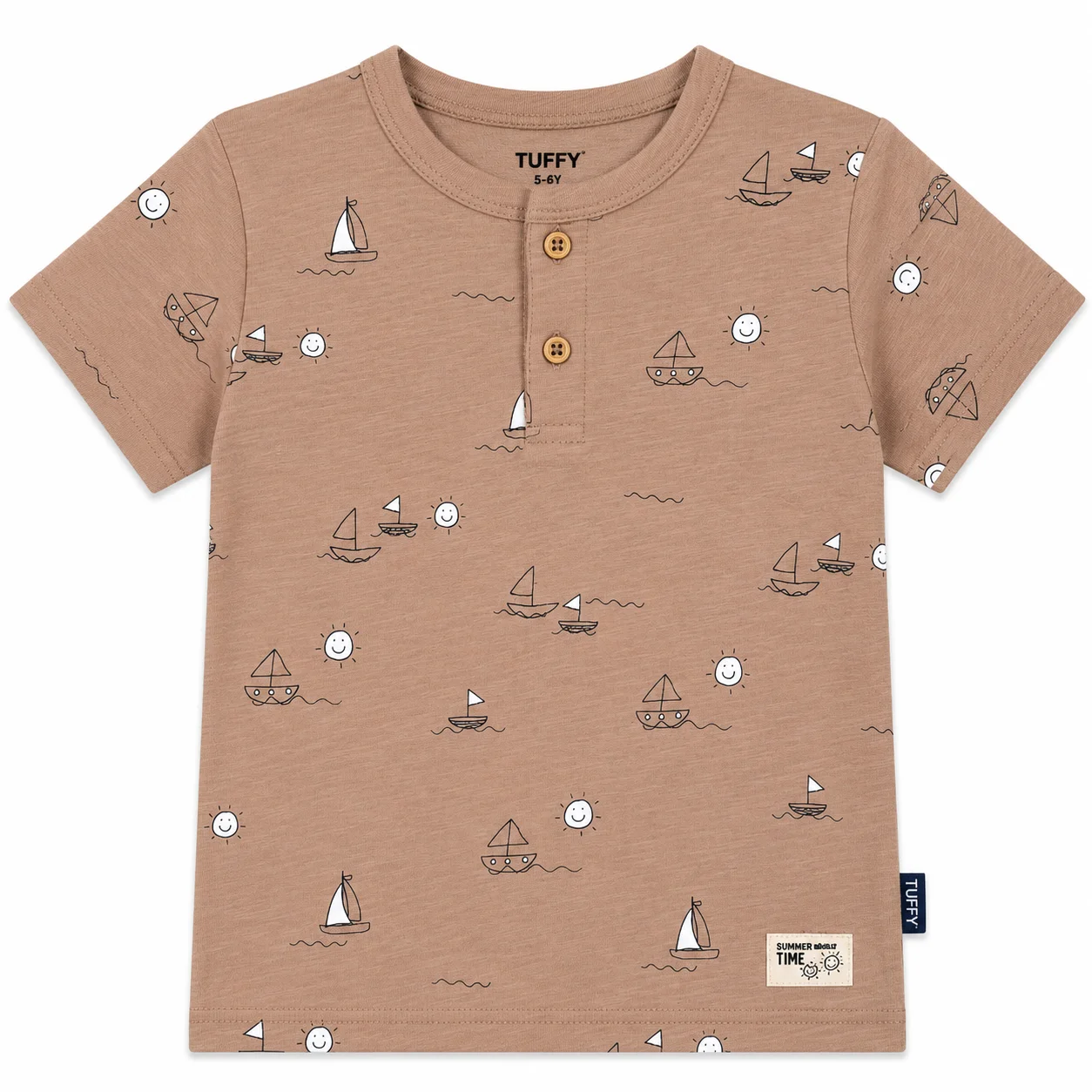 Tuffy Kids - Boys Short Sleeve Henley T-Shirt - Sailboat & Sun Print - Light Brown color option
