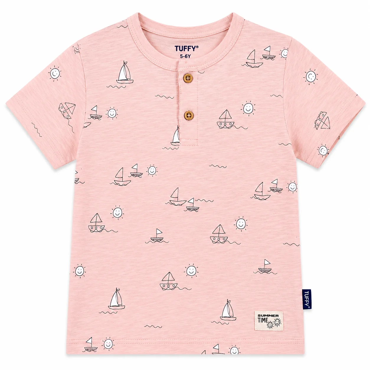 Tuffy Kids - Boys Short Sleeve Henley T-Shirt - Sailboat & Sun Print - Light Pink color option