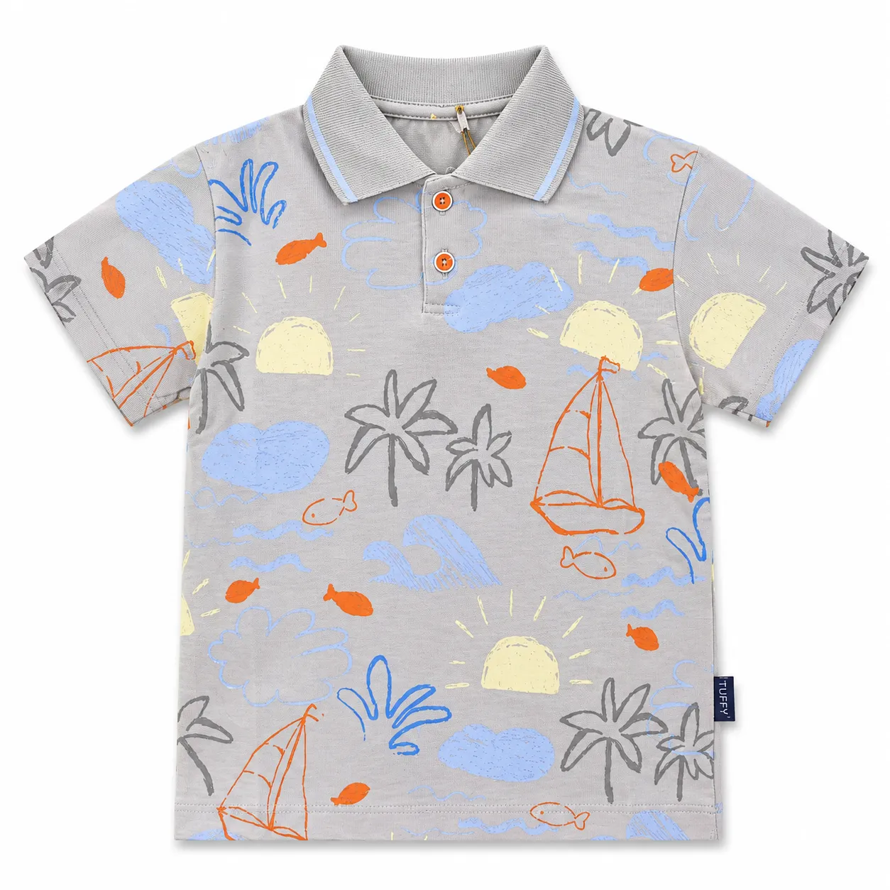Tuffy Kids Polo T-Shirt - Ocean & Sailboat Print - Short Sleeve Cotton Polo - Light Grey color option