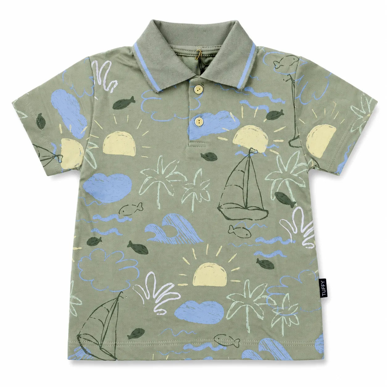 Tuffy Kids Polo T-Shirt - Ocean & Sailboat Print - Short Sleeve Cotton Polo - Sage Green color option