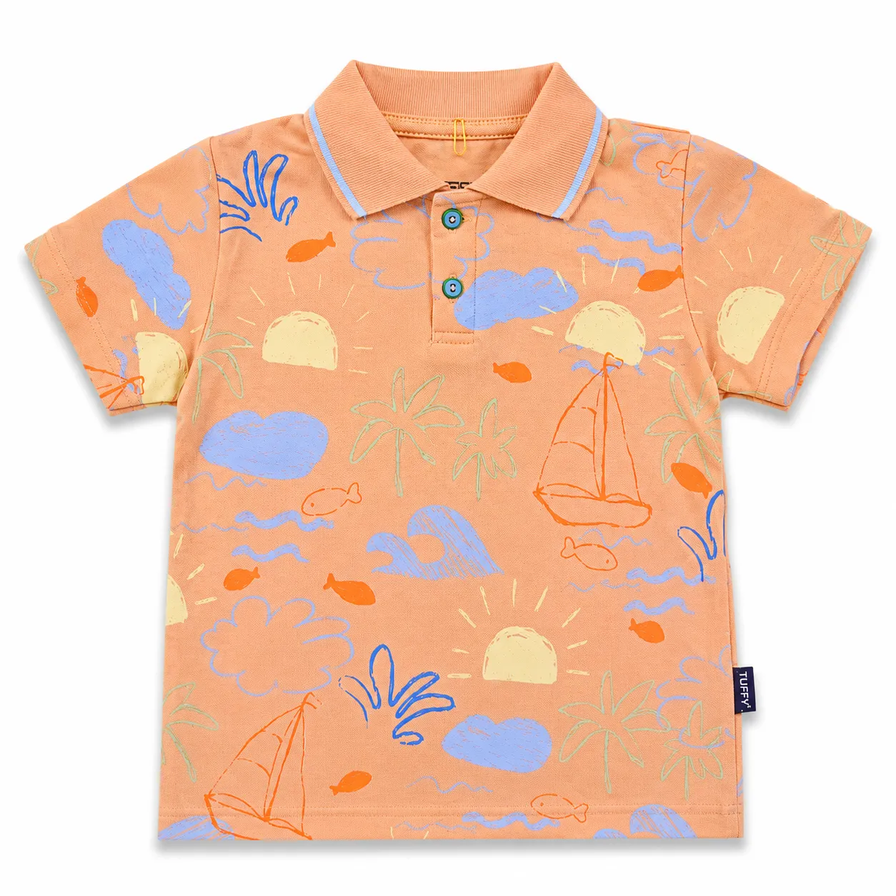 Tuffy Kids Polo T-Shirt - Ocean & Sailboat Print - Short Sleeve Cotton Polo - Peach Orange color option