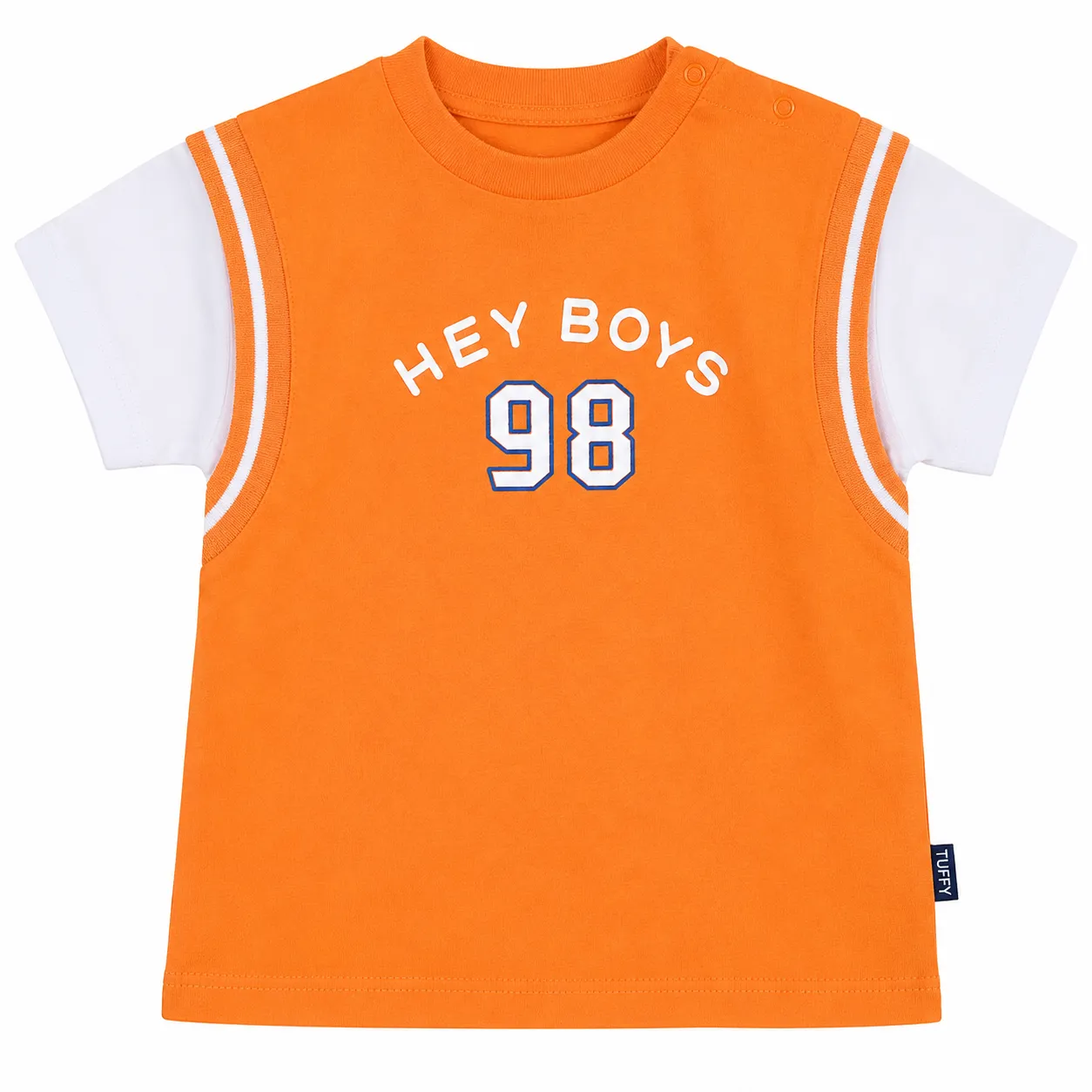 تیشێرتی قۆڵ کورتی کوڕان لە توفی – دیزاینی HEY BOYS 98 – پەمۆی قۆڵ کورت –پرتەقاڵی و سپی