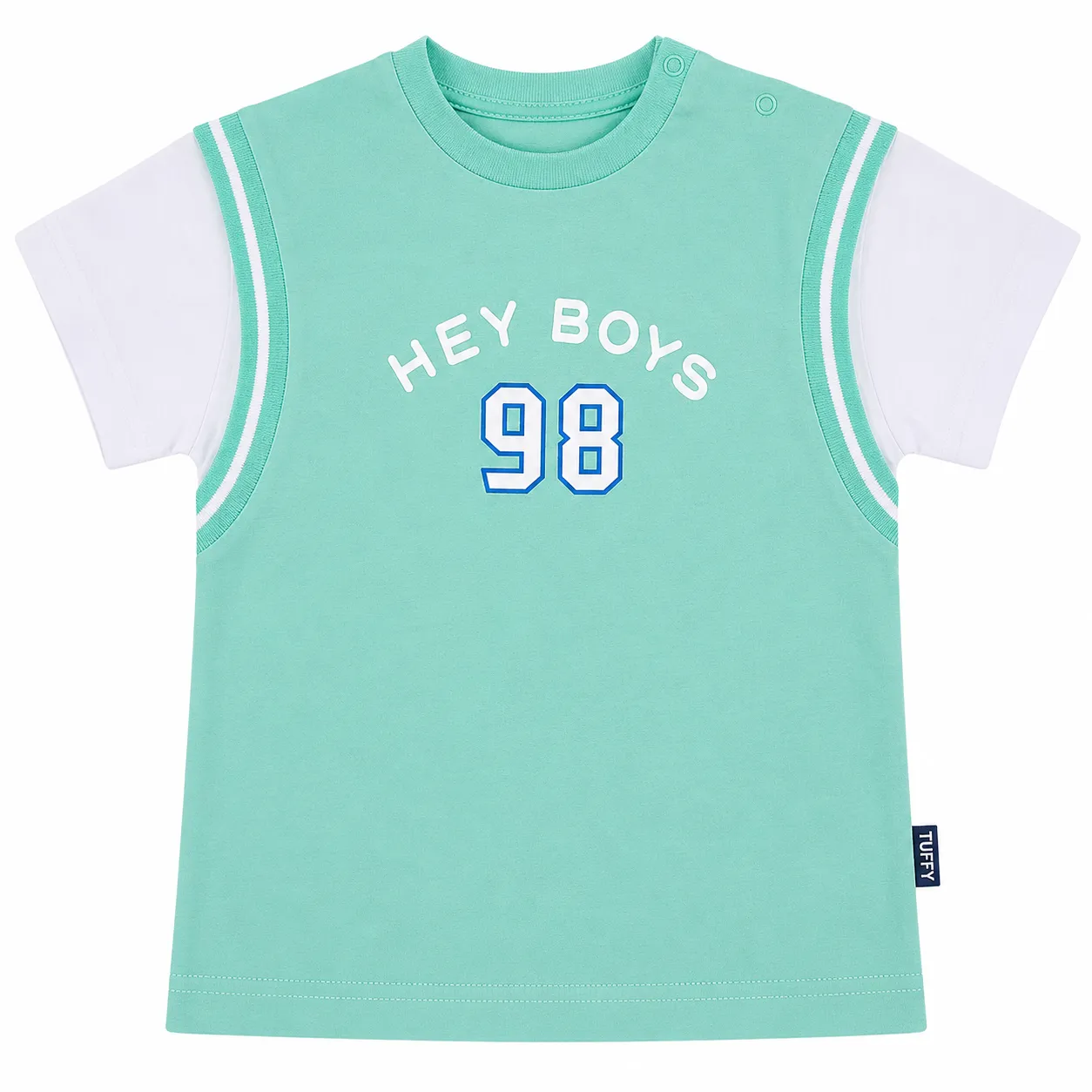 Tuffy Boys T-Shirt – HEY BOYS 98 Print Design – Short Sleeve Cotton –Mint Green & White color option
