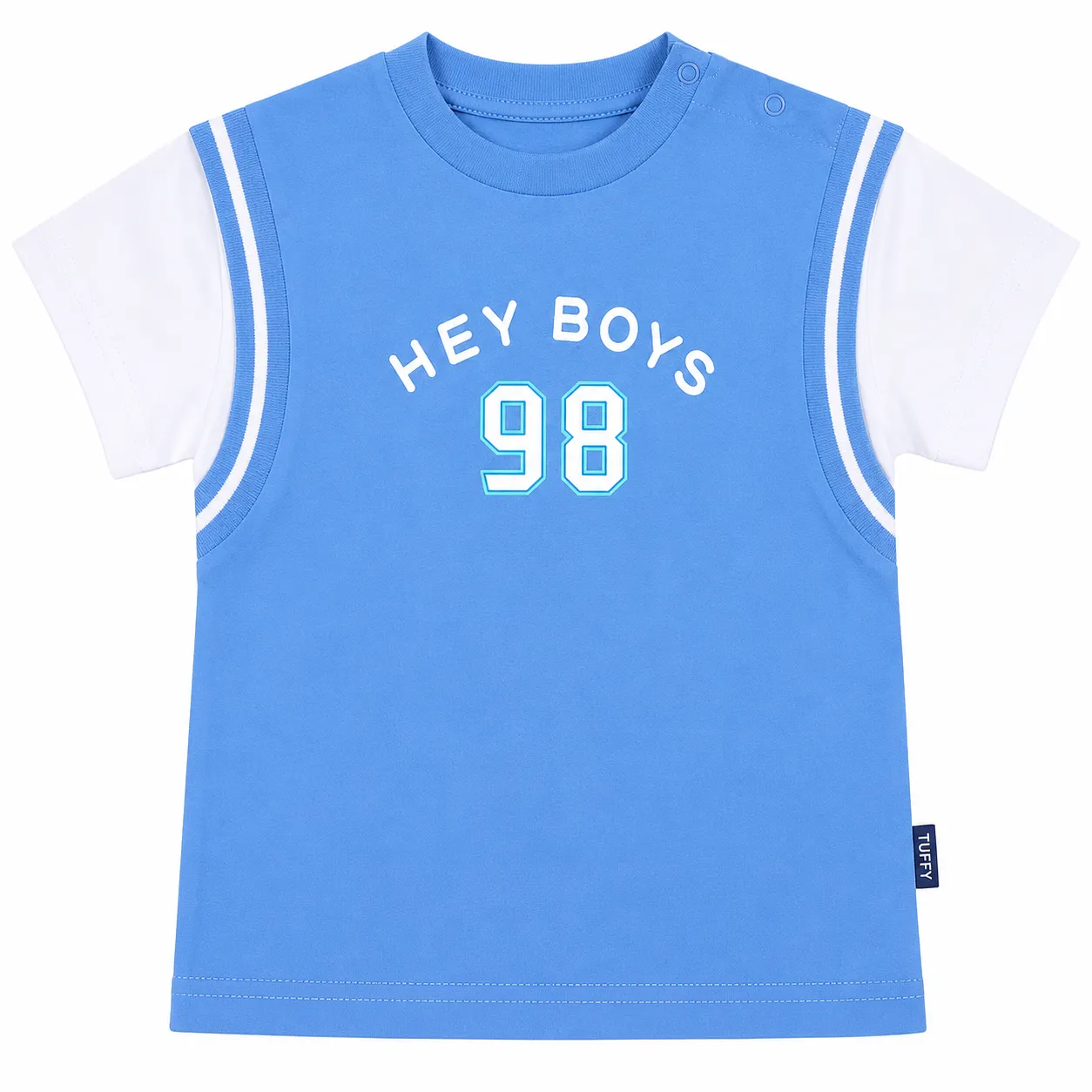 Tuffy Boys T-Shirt – HEY BOYS 98 Print Design – Short Sleeve Cotton – Sky Blue & White color option
