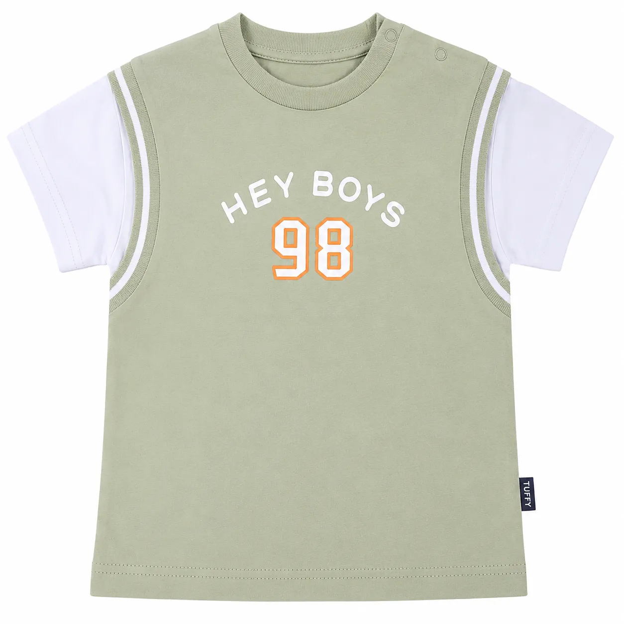 Tuffy Boys T-Shirt – HEY BOYS 98 Print Design – Short Sleeve Cotton – Light Green & White